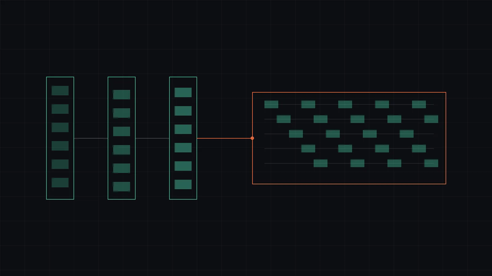 Telemetry streams flowing left to right through chronological storage blocks into query results
